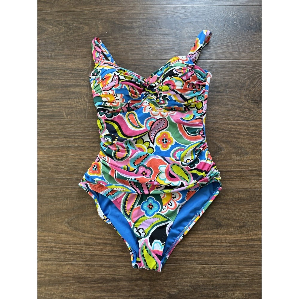 Bleu Rod Beattie Multicolor Paisley Ruched Lined One Piece Swimsuit Size 10